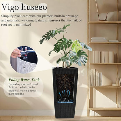 30in Tall Planter, Self Watering Pots for Indoor/Outdoor Plants with Drain Holes, Water Level Monitor, Inner Bucket for Front Porch Patio, Black Large(1 Set)