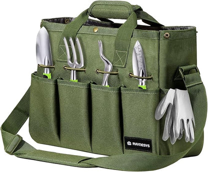 Garden Tote Bag, Gardening Tool Bag Organizer with Pockets & Handle, 900D Heavy Duty Garden Storage Bag with Long Adjustable Shoulder Strap for Tools, Green
