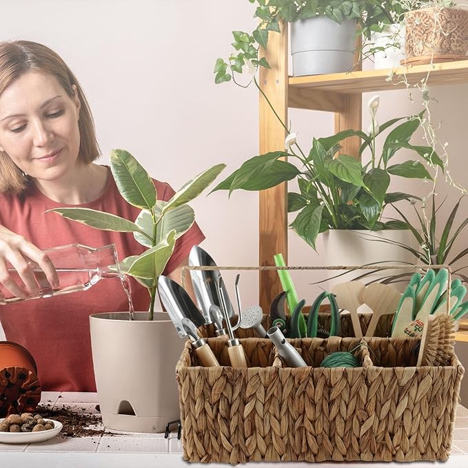 Garden Tools Woven Basket,Garden Tool Organizer with Handle,Wicker Storage Basket with 4 Compartments,Pruning Shears,Gloves,Shovel,Gardening Gifts for Women Men,14" L X 8" W X 5.5" H