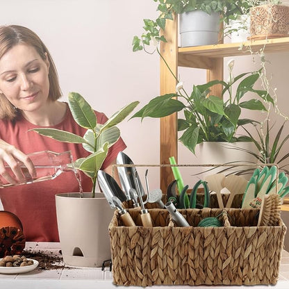 Garden Tools Woven Basket,Garden Tool Organizer with Handle,Wicker Storage Basket with 4 Compartments,Pruning Shears,Gloves,Shovel,Gardening Gifts for Women Men,14" L X 8" W X 5.5" H