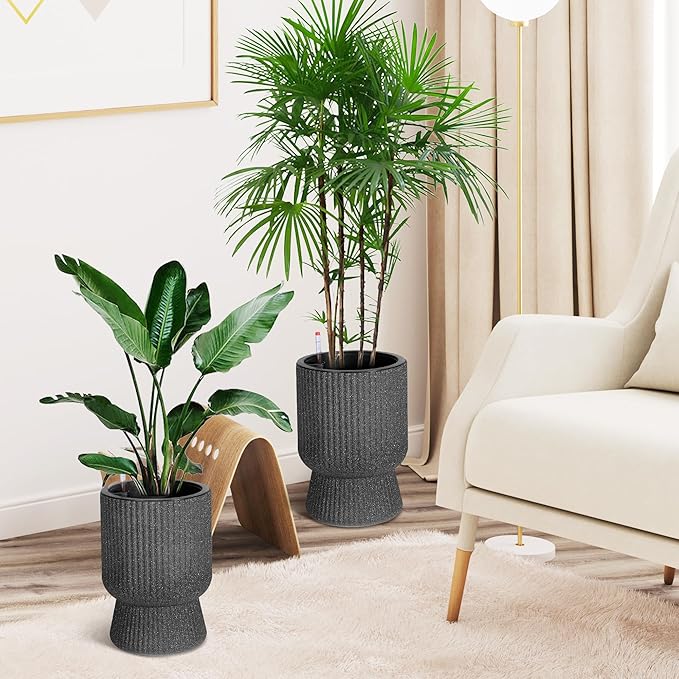 14.2" Tall Planters Set of 2, Plant Pots, Self Watering Pots for Indoor Plants, Flower Pots With Built-In Drainage and a Water Level Monitor, for Patio, Porch, Living Room, or Home Office, Black