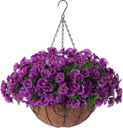 Artificial Hanging Flower Plants with Basket for Spring Summer Outdoor Decoration, Faux Petunias Flowers Fake Morning Glory Planter for Outside Patio Garden Porch Balcony Yard Decor(Lotus)