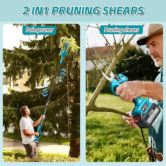 Electric Pruning Shears with Pole 1.4-2.0 Cutting Diameter & 2-IN-1 Electric Pole Pruner,2PCS 21V 3.0Ah Batteries,Brushiless Motor,4 Modes Adjustable Branches Cutter for Flower, Tree Trimming(Blue)