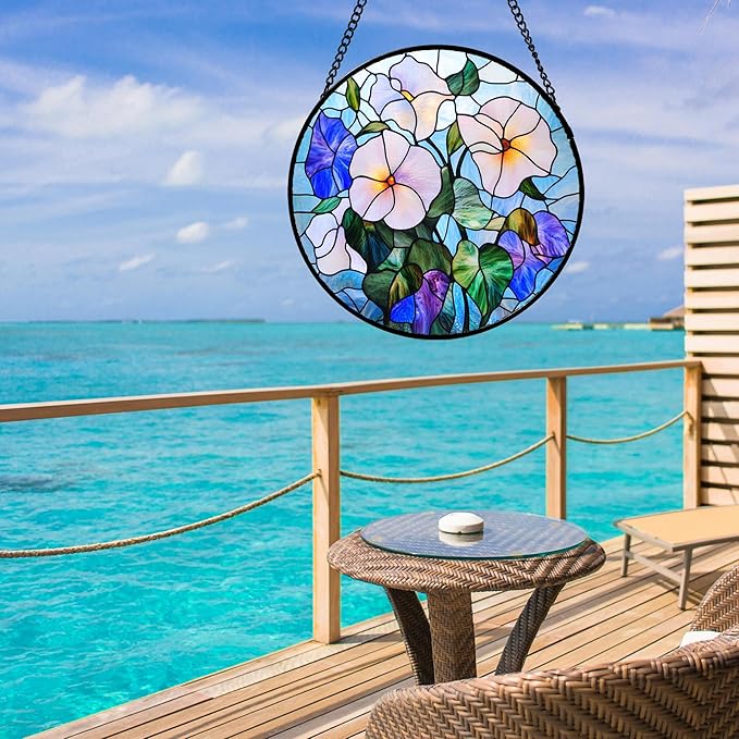 Stained Glass Window Hanging - Morning Glory Flowers Suncatcher for Door Yard Wildflowers Sun Catchers Decor Christmas Mother's Day Birthday Gifts for Women Mom Nana Friend Men 15 in