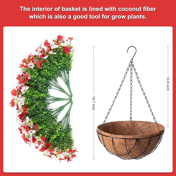 Artificial Silk Flowers Hanging Baskets Outdoors Indoors,Daisy with Eucalyptus Leaves Arrangement for Garden Yard Spring Summer Decor,Faux Green Plant in Metal Coconut Lining Flowerpot(Red and White)