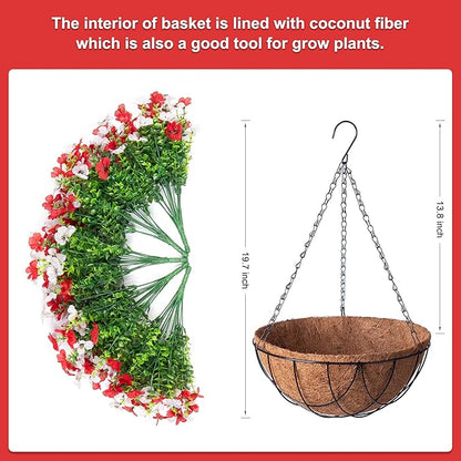 Artificial Silk Flowers Hanging Baskets Outdoors Indoors,Daisy with Eucalyptus Leaves Arrangement for Garden Yard Spring Summer Decor,Faux Green Plant in Metal Coconut Lining Flowerpot(Red and White)