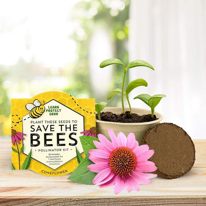 BUZZY Seeds Save The Bees Grow Kit, 12 Biodegradable Mini Flower Pots with Wildflower Seed Packets, Indoor Outdoor Planting Starter Set, DIY Gardening Gift, Sustainable Party Favors Adults