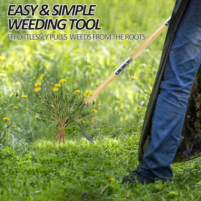 Weed Puller Tool, Stand Up Heavy Duty Weed Remover Tool with Long Handle & 4-Claw Steel Head, Bamboo Garden Hand Weeding Tool - Easily Remove Weeds Without Bending, Pulling,or Kneeling