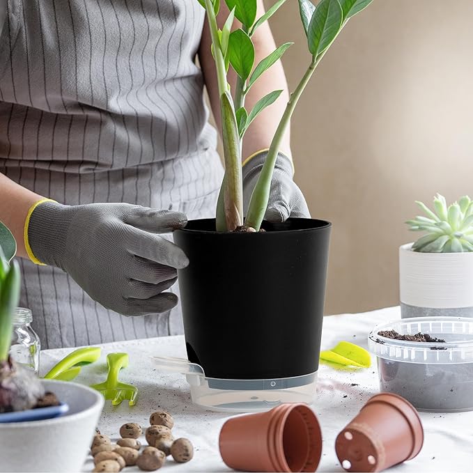 4 Inch 10 Pack Small Self Watering Pots for Indoor Plants, Nursery Pot with Drainage Holes and Saucers, Plastic Small Flower Planter for Succulent, Aloe, Cacti and More (Black)