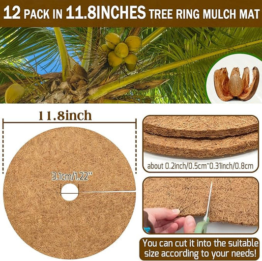 ZeeDix 12 Pack Coconut Fiber Mulch Ring, 11.8 Inch Coco Coir Tree Ring Mulch Mat, 100% Natural Tree Protector Mat Plant Cover Ring Coconut Coir Discs Tree Mats Mulch Rings for Indoor Outdoor Plants