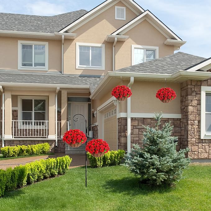 Artificial Hanging Flower Plants with Basket for Outdoor Decoration, Faux Petunias Flowers Fake Morning Glory Planter for Outside Patio Garden Porch Balcony Yard Decor(Red)