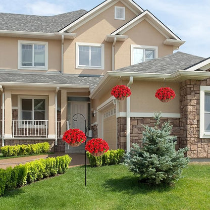 Artificial Hanging Flower Plants with Basket for Outdoor Decoration, Faux Petunias Flowers Fake Morning Glory Planter for Outside Patio Garden Porch Balcony Yard Decor(Red)