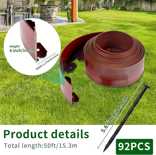 4 in x 50 Ft Garden Landscape Edging, No Dig Garden Edging Border Kit with 92 Pcs Spikes for Flower Bed Lawn Yard Grass Brown
