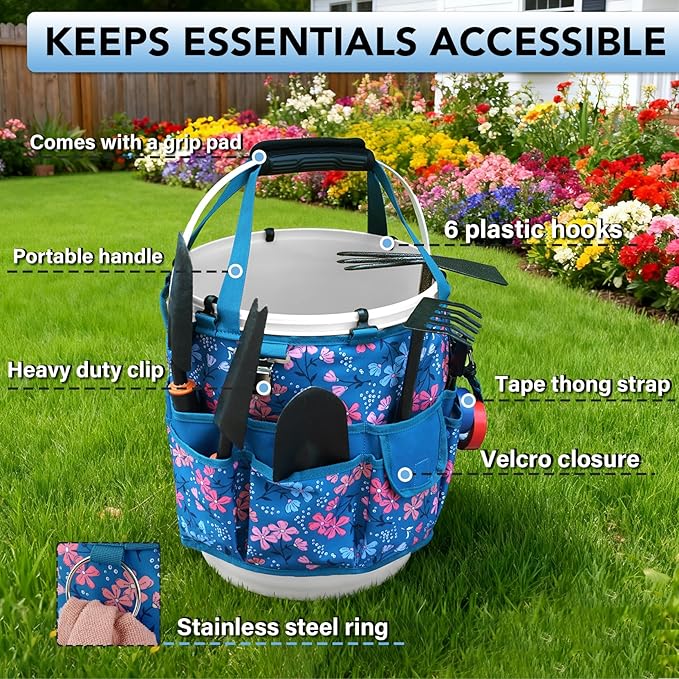 KUNN Bucket Organizer 5 Gallon 18-Pocket Tool Bucket Bag with 6 Hooks, Gardening Tool Holder Caddy for Gardeners, Outdoor Yard Work, Soil Plant Flower Gardening Accessories with Grip Pad, Blue