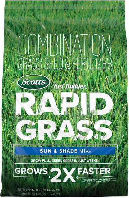 Scotts Turf Builder Rapid Grass Sun and Shade Mix, Combination Grass Seed and Fertilizer, Grows Green Grass in Just Weeks, 16 lbs.
