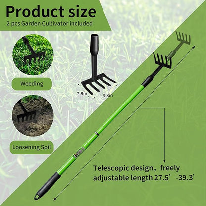 Small Rake Garden Rake Hand Rakes, Ajustable Handle Gardening Hand Cultivator Garden Tool with Non Slip Handle Hand Weeder Tool for Weeding Tilling Soil Planting
