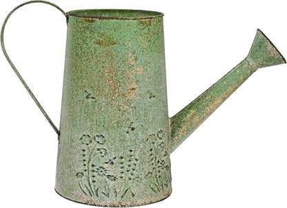 Vintage Green Metal Watering Can, Functional Garden Waterer with Floral Embossed for Indoor Outdoor Plant Care, Rustic Decor for Home Garden Patio