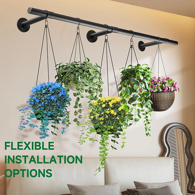 Hanging Planters Rod – Plant Hanger Indoor for Window Ceiling, Hanging Plant Shelf for Wall Planter House Plants, Plant Shelves Metal Holder Bar 63In (Pots, plants, chains not included)