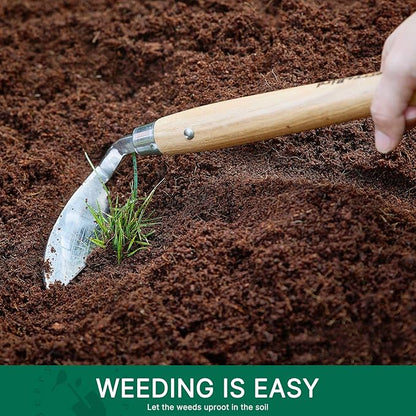 Berry&Bird Japanese Weeder-Scraper-Hoe, 12.67-Inch Gardening Sickle Hoe, Stainless Steel Bent Angle Weeding Sickle, Weeder Hoe with Ergonomic Ash Wood Handle for Weeding, Soil loosening, Digging