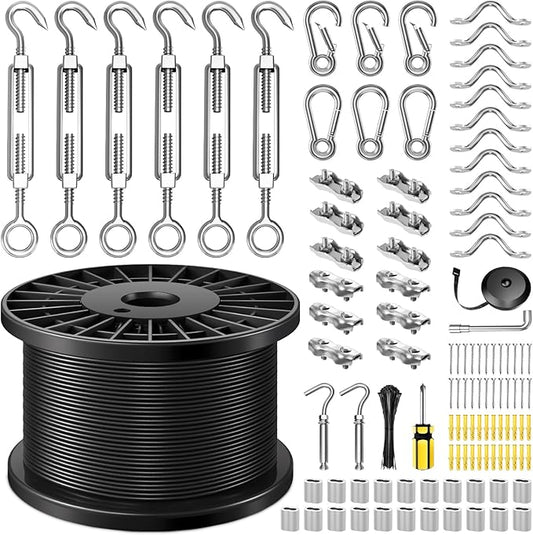 String Light Hanging Kit with Vinyl 400FT Coated Stainless Steel 304 Wire Rope Suspension Kit Included Enough Accessories with Turnbuckles and Hooks for Patio, Garden and Wedding Lighting