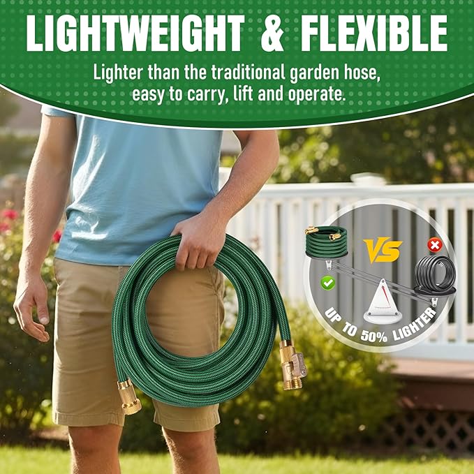 Garden Hose 25 ft NON-EXPANDABLE Water Hose, Flexible & Lightweight Kink Resistant Hybrid Hose, Leak-Proof Heavy Duty, Super Durable Fabric with 3/4" Solid Brass Connectors