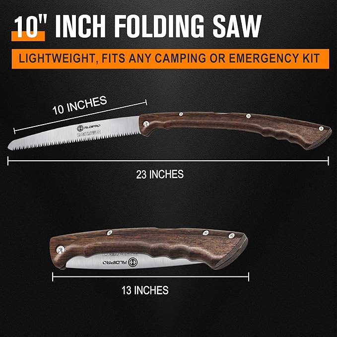 Folding Pruning Saw 10 Inch with Leather Sheath and Wenge Wooden Handle, SK5 Steel Blade, Foldable Hand Saw for Camping, Survival, Wood Cutting, Bushcraft and Tree Trimming