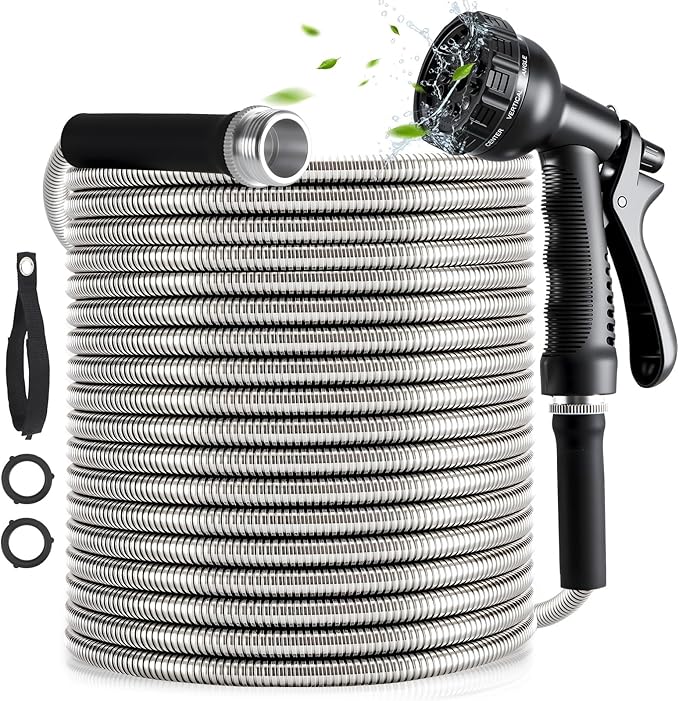 Heavy Duty Garden Hose 100 ft, 304 Stainless Steel Water Hose with 10 Functions Nozzle, 3/4" Swivel Connectors, Metal Garden Hoses-No Kinks, Lightweight, Flexible, Leak Proof, Suitable for Lawn Yard
