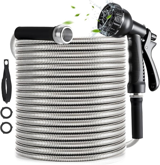 Heavy Duty Garden Hose 100 ft, 304 Stainless Steel Water Hose with 10 Functions Nozzle, 3/4" Swivel Connectors, Metal Garden Hoses-No Kinks, Lightweight, Flexible, Leak Proof, Suitable for Lawn Yard