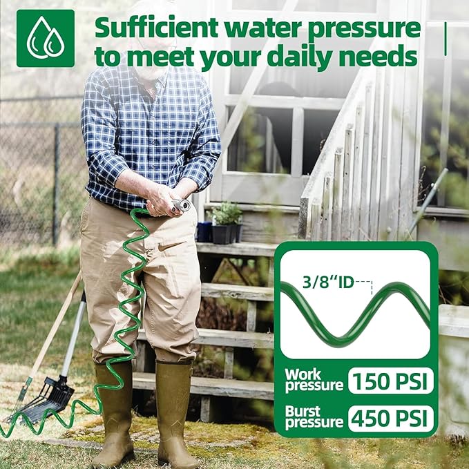 SPECILITE 3/8" Lightweight Coil Garden Hose 100FT, EVA Flexible Curly Water Pipes with 6-Pattern Spray Nozzle for Boat, Greenhouse, Yard, Patio, Green