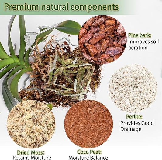 Premium Orchid Potting Mix for Repotting,4 Quarts Orchid Soil for Various Orchid Types,Orchid Specific Formula Blends Natural Pine Bark,Perlite,Coco Peat & Dried Forest Moss