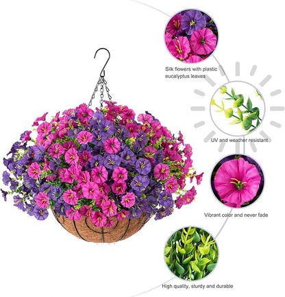 Artificial Fake Hanging Flowers Plants Baskets for Outdoors Spring Summer Decoration, UV Resistant Faux Silk Morning Glory in Planter Realistic for Outside Porch Patio Balcony Garden Yard Home Decor