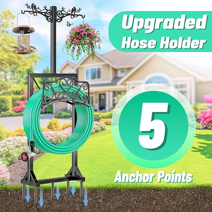 Garden Hose Holder, Freedstanding Heavy Duty Garden Water Hose Holder Stand with 2 Shepherds Hooks, Detachable Metal Hose Storage Hanger Rack for Outside Yard Lawn Farm