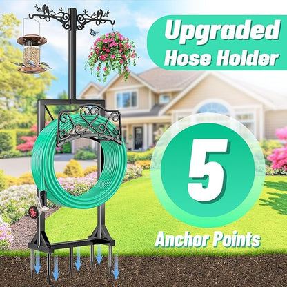 Garden Hose Holder, Freedstanding Heavy Duty Garden Water Hose Holder Stand with 2 Shepherds Hooks, Detachable Metal Hose Storage Hanger Rack for Outside Yard Lawn Farm