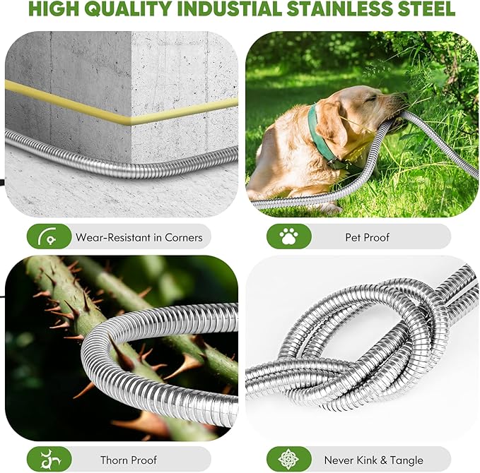 Garden Hose 200ft, Stainless Steel Heavy Duty Water Hose with 10 Function Nozzle Flexible, Lightweight, No-Kink, Pet Proof, Puncture Proof Metal Hose for Yard, Outdoor