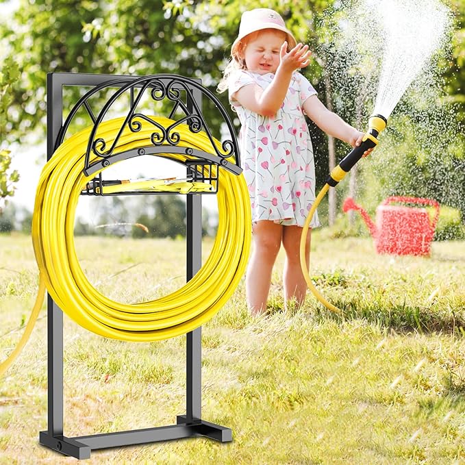 Garden Hose Holder Hanger Freestanding, Upgraded 4 Spikes Heavy Duty Storage Reel Stand with Storage Basket, Holds 150ft Hose for Outside Garden Yard Lawn vegetable patch