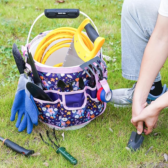 MELOTOUGH Bucket Caddy Organizer Bucket Tool Organizer for Garden Tools Fit 3.5 to 5 Gallon Bucket (Purple Flower)