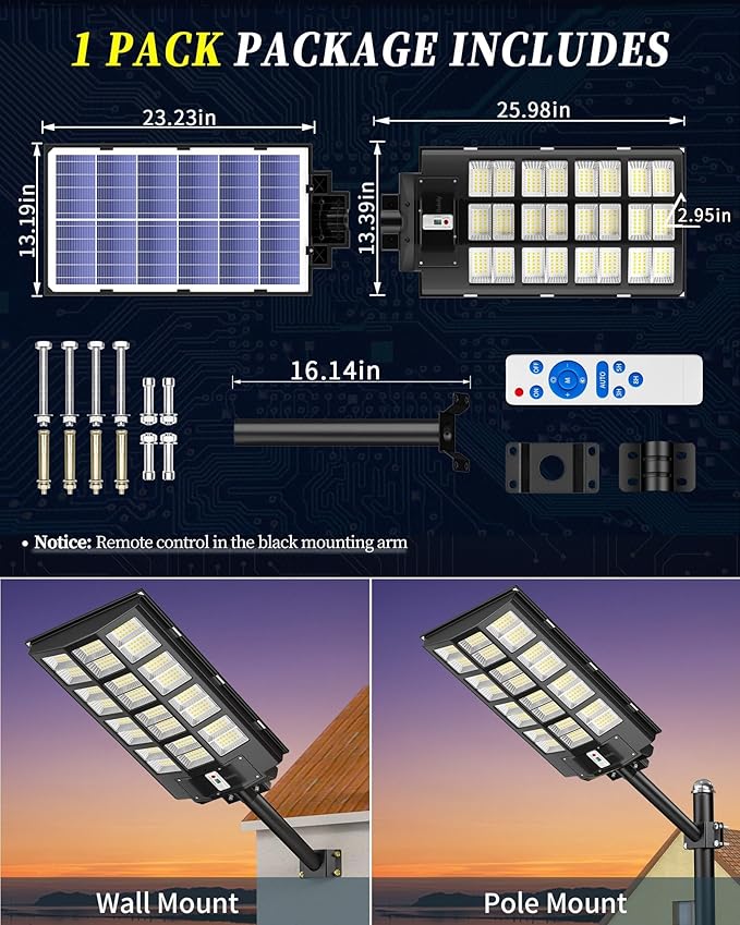 Gefolly SL-6000W Solar Street Light Outdoor, Wide Angle 600000LM Commercial Parking Lot Light Dusk to Dawn 6500K Flood Security IP67 Lamp with Motion Sensor for Garden, Road