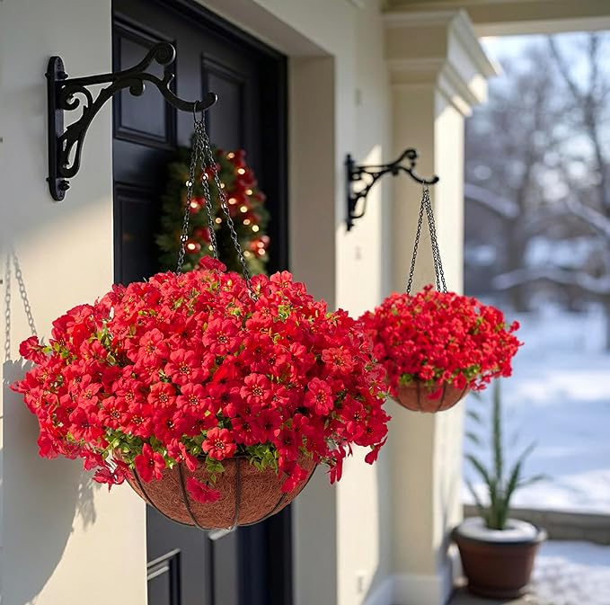 Hananona 24 Pcs Artficial Outdoor Flowers with Hanging Baskets, 2 Pack Hanging Planter with Red Outdoor Spring Flowers for Christmas Porch Home Patio Yard Decor (2, Red)