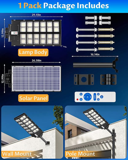 Gefolly SL-9800W Solar Street Lights Outdoor, 860000LM Commercial Parking Lot Light, 6500K Dusk to Dawn IP67 Security Flood Lights Motion Sensor Led Lamp for Basketball Court, Road, Yard