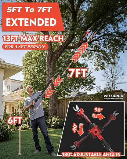 2-IN-1 Cordless Electric Pole Pruning Shears, 13ft Reach, 1.2" Cutting Diameter, 2000mAh Battery Powered, Brushless Motor for Efficient Garden Tree Trimming, Branch Cutting（Red）