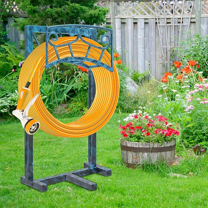 Garden Hose Holder, Heavy Duty Metal Water Hose Holders Hose Stand with 5 Spikes, Freestanding Hose Storage Rack Hose Hanger Holds 150ft Hose for Outside Yard Lawn Garden Decor (Retro Blue)