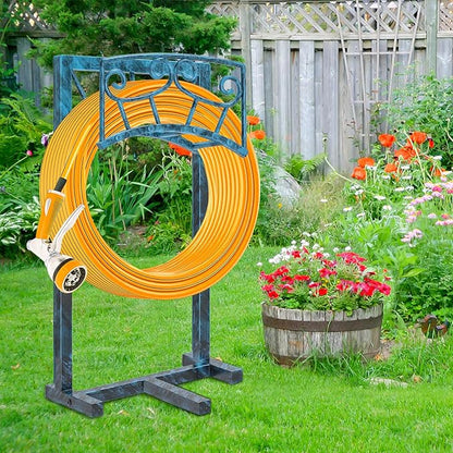 Garden Hose Holder, Heavy Duty Metal Water Hose Holders Hose Stand with 5 Spikes, Freestanding Hose Storage Rack Hose Hanger Holds 150ft Hose for Outside Yard Lawn Garden Decor (Retro Blue)