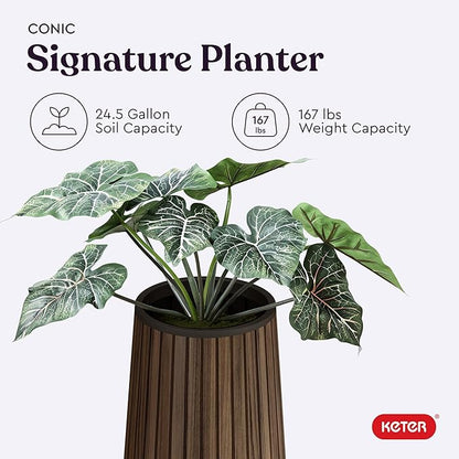 Keter Signature Conic 23.8 Inch Tall Round Large Wood Look Planter for Indoor or Outdoor Flower Pot Ideal for Patio Deck and Front Porch Decor, Rosewood