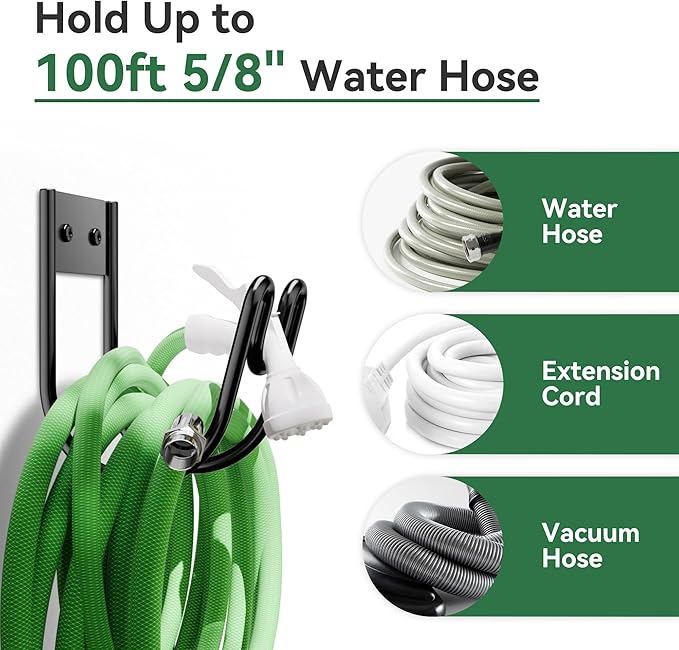 Black Metal Garden Hose Holder - Wall Mounted Water Hose Holder - Hose Hanger Heavy Duty for Water Hose Extension Cords Vacuum Hose (1 Pack)