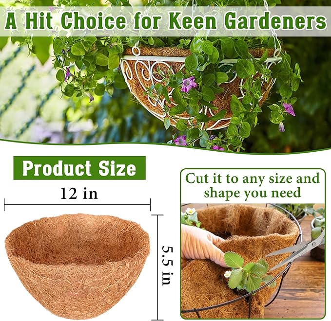 Halatool 2PCS 12Inch Round Coco Liners Hanging Basket Liners 100% Natural Replacement Coconut Liner for Planters Garden Flower Pot Vegetables Herbs