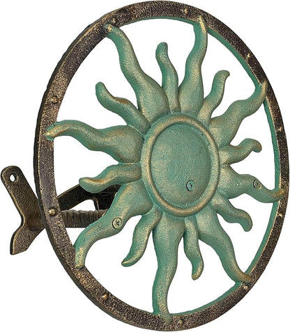 Decorative Sun Cast Iron Hose Holder – Verdigris & Bronze Finish, 11.5 In Heavy Duty Wall Mount Hose Reel, Outdoor Garden Storage Rack for Patio, Lawn, Yard, Weather Resistant, Hardware Included