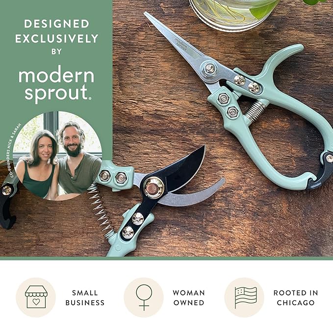 Modern Sprout Hand Pruners & Shears Set - Lightweight Gardening Tools W/Easy Lock - Sharp Carbon Steel Blades -Rust Resistant Scissors for Herbs, Flowers - Reusable Holster - Green