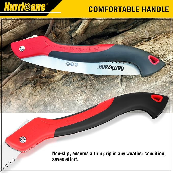 HURRICANE Folding Saw/10 Inch Pruning Implement/Wood-Cutting Gear/Camping Tree Cutter with SK5 Curved Blade/Triple-cut Razor Teeth/Outdoor Portable Cutter for Tree Trimming Gardening Hiking