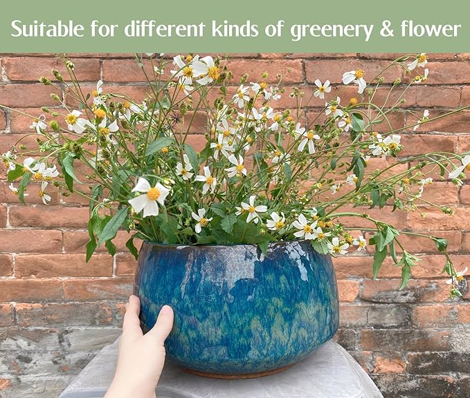 Reactive Glaze Peacock Color 11" Ceramic Plant Pot, Large Blue Green Planter Artisan Flower Pot with Drainage Hole, Breathable Planter for Indoor Outdoor Plants