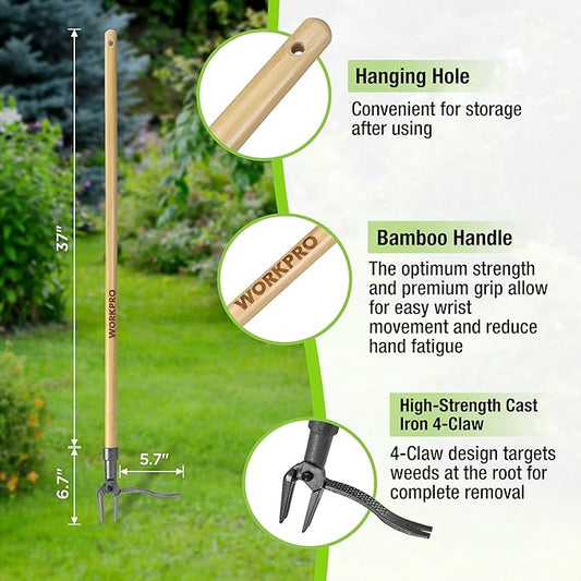WORKPRO Weed Puller Tool with 44” Bamboo Handle, Heavy-Duty 4-Claw Cast Iron Head, Stand-Up Weeder with Foot Pedal for Dandelions, Thistles, Crabgrass, Easy Root Removal Without Bending or Kneeling